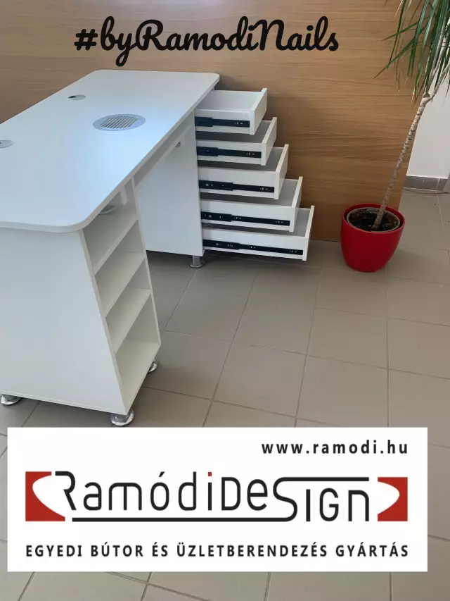 Kompakt műkörmös asztal – Fehér, laminált,5 fiókos,beépített elszívórendszerrel
